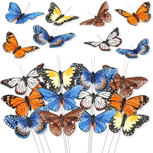 12Pcs Feather Butterflies for Crafts Monarch Butterfly Decorations 3D Butterfly Floral Picks Artificial Butterflies on Picks for Bouquets Flowers Butterfly Garden Stakes Halloween Wedding Wall Decor