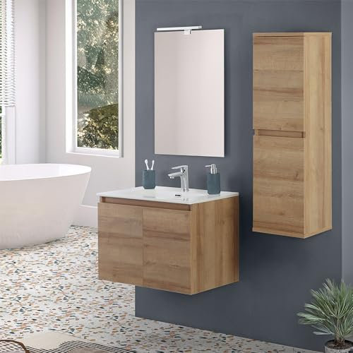 Inbagno Mobile bagno sospeso 70 cm rovere africa con 2 ante soft-close, lavabo in ceramica e specchio reversibile 60x80 cm, KLEO
