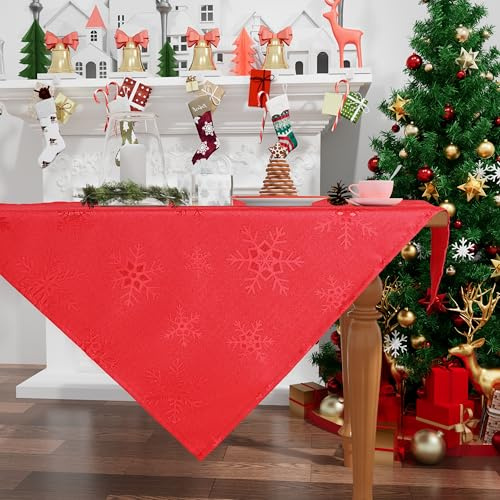 smiry Tischdecke Weihnachten Abwaschbar 80x80 cm Rot mit Schneeflocken Jacquard Weihnachtstischdecke Wasserabweisend Lottusffekt mitteldecke Fleckschutz für Küche Party Deko