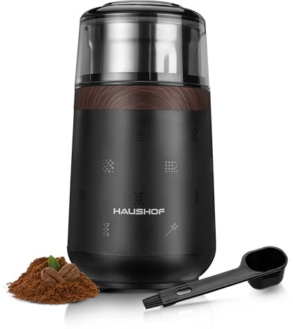 HAUSHOF Molinillo de Café Eléctrico 75 g, Molinillo Café de 150W, Cuchilla de Acero Inoxidable, Molino Cafe Multifuncional para Granos de Café, Nueces, Hierbas, etc.
