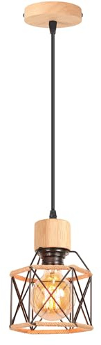 iDEGU 1-flammig Hängelampe Vintage aus Holz Metall Industrie Lampe Käfig Lampenschirm mit Hanfseil E27 Deckenleuchte Retro Pendelleuchte für Flur, Schlafzimmer, Küche, Esszimmer (Holz, Schwarz)