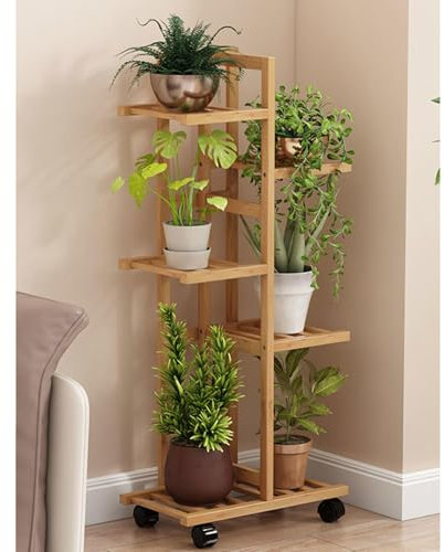 DECORN Rollbarer Bambus-Pflanzenständer für Drinnen und Draußen, Regal für Mehrere Blumentopfhalter mit Rollen, Abgestuftes Pflanzgefäß-Präsentationsregal für Terrasse, Garten, Eckbalkon,5 Tiers