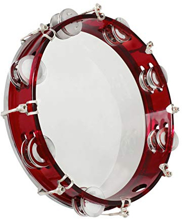 Funien 10 Inch Handheld Tambourine Double Row Tambourine Drum Set Percussion Instrument Musical Educational Instrument for Church Performance Adults with Tuning Key Red