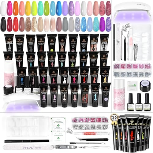 Saviland Polygel startset med UV-lampa: Polygel-nagelset, 36 färger, nagelset med manikyrverktyg, nagelförlängningskit, baslack, överlack, glidlösning, gelnaglar, present till kvinnor, hemmabruk