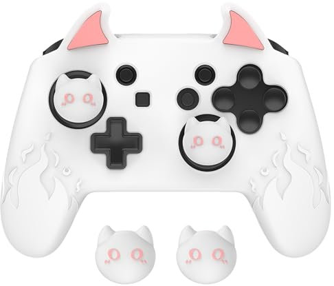 playvital Coque Manette pour Switch Pro Protection,Housse pour Switch Pro avec Capuchon Joystick et Autocollants-Blanc，Édition Démon