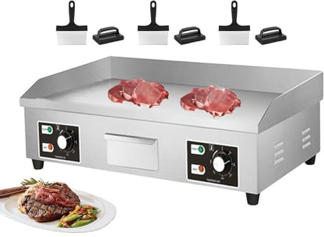 forplubossmmp Piastra Elettrica 3500w/4400w | Griglia Teppanyaki Commerciale | Friggitrice per Bistecche E Bacon 50-300°C Piastra E Scaldavivande da Banco | con Spia Luminosa,4400W