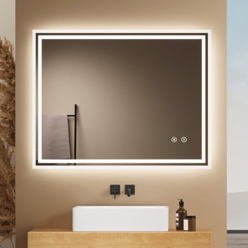 EMKE Badspiegel mit Beleuchtung 90x70cm, dimmbares kaltweißes Licht | Badezimmerspiegel mit Anti-Beschlag-Funktion, Touchschalter, Speicherfunktion, automatische Abschaltung nach 3 Stunden
