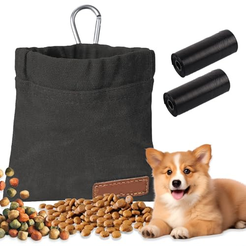 Cfcyhla Leckerlibeutel für Hunde,Freihändige Hundeleckerlitasche mit Automatischem Verschluss und 2 Stücke Müllsack, mit Karabiner für Hündchen-Leckerli-Snack-Taschen(Schwarz)