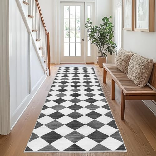 Chicnix Teppich Flur Küche 80x300, Teppich Läufer Waschbar Kurzflor rutschfest für Schmalen Gang, Moderner Kariert Geometrisch Malerei Teppiche für Eingangsbereich Schlafzimmer Dekor, Grau Grau