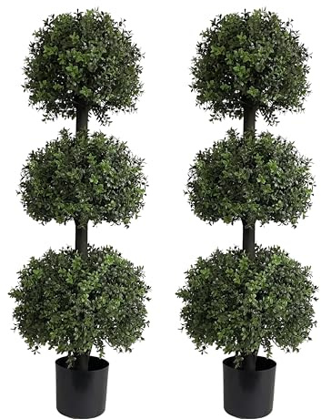 ALL SEASON GREEN 4ft Triple Ball Boxwood Topiariy Trees,UV Resistant,Faux Topiaries for Outdoor Porch Planter Decor 2Pack