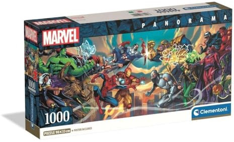 Clementoni Puzzle Panorama Marvel Heros VS Villains 1000 Stücke, Compact Box - Puzzle für Erwachsene 14-99 Jahre, Geschenk für Mann und Frau, Made in Italy, 37056