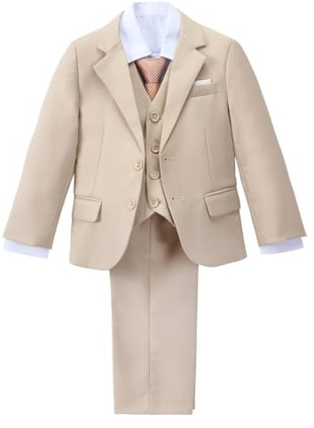 Lito Angels Esmoquin Traje Niño Ajuste Delgado, Conjunto 5 Piezas con Chaqueta y Chaleco, para Bodas Ceremonias, Caqui, Talla 6 años
