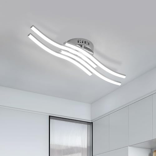Dorlink Modern Led Ceiling Light, 4 Built-in Wave Led Boards Design Ceiling Lamps, 24W 6000k Cool White Chandelier,52cm Silver Ceiling Lighting for Living Room Bedroom Kitchen Hallway Office