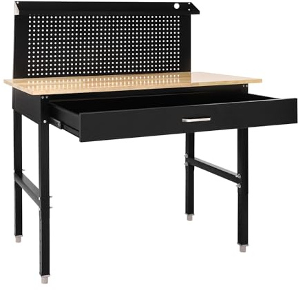 KiwiHood Adjustable Height Workbench Heavy Duty 900KG Capacity Oak Top Work Table 48x24in Craft Table with Storage Drawer & Pegboards for Garage, Workshops, Gardens, and DIY Projects