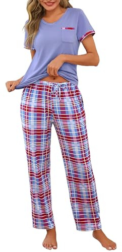 Jahetuul Pyjama Femme en Coton 2 Pièces Manches Courtes à Carreaux | Coton doux, manches courtes, poches pratiques, à carreaux pour la nuit, la détente et les moments à la maison.