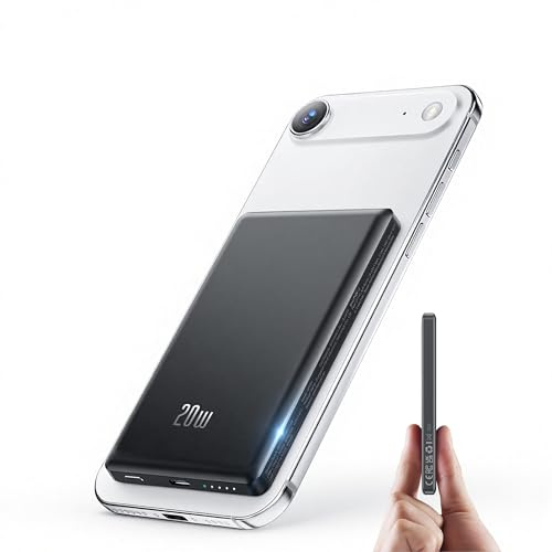 Ultra Slim Power Bank per MagSafe, Wireless PowerBank Magnetico 5000mAh, 20W Ricarica Rapida Caricatore Portatile per iPhone 16/15/14/13/12/Pro/Plus/Max Series, Batteria Portatile Nero 2025