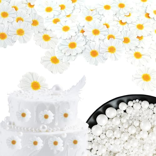 Essbar Perlweiß Zucker Streusel 100g,40 Gänseblümchen Esspapier Tortendeko | Essbare Blumen Kuchen Deko, Esspapier Cupcake Toppers für Halloween Weihnachten Geburtstag Hochzeit Baby Party