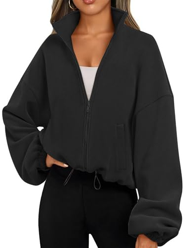 Famulily Damen Drawstring Saum Langarm Crop Sweatshirt Tops Full Zip Fleece Kurze Jacke mit Taschen S bis XL