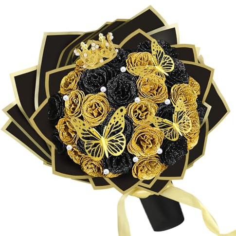 Nagoyuki 24 Stück Glitzer-Rosenstrauß, Glitzer Bouquet, DIY blumenstrauß künstlich mit Krone für Valentinstag, Hochzeit, Verlobung, Geburtstag (Schwarzes Gold)