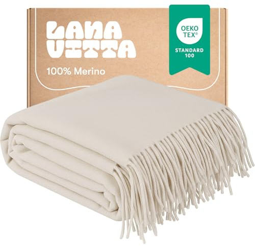 Lanavitta – Wolldecke „Leon“ – Tagesdecke & Bettüberwurf – 100% Merinowolle aus Australien, Warmer Sofa-Plaid – Weiß – 140×200 cm
