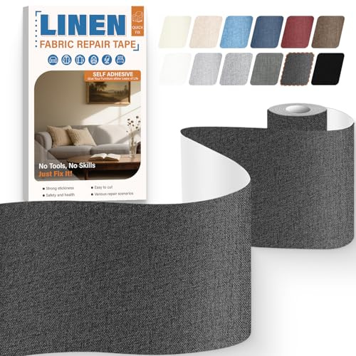 Flicken Selbstklebend Stoff 10 x 200 cm, Leinenstoff Patches Selbstklebend Schwarz Grau, Stoff Reparaturset Flicken Aufkleber Patch für Autositz Reparatur, Zelt, Markisen, Sofa