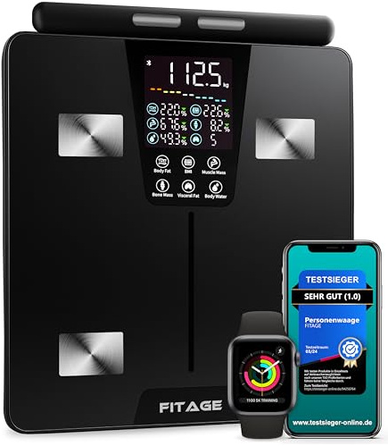 FITAGE Körperanalysewaage mit Bluetooth Digitalwaage, Körperwaage bis 180kg, Körperfettwaage mit 17-facher, Körperanalyse mit App, Waage mit Körperfett und Muskelmasse mit Handsensoren