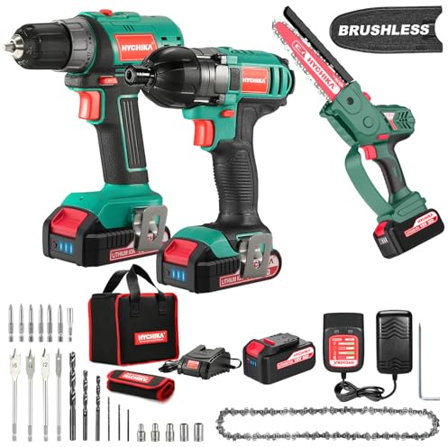 HYCHIKA Power Tool Combo Kit, Screwdriver 35 N.m + Impact Driver 160 N.m + 8 Inch Brushless Electric Chainsaw, Power Tools Set for Home Garden Outdoor