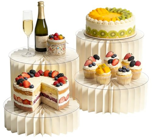 Yekolau 4-Pack Foldable Multi-Height Buffet Risers, White Cardboard Cylinder Stands with Acrylic Plates, Food Buffet Dessert Cake Risers for Wedding Cakes, Dessert Tables, Charcuterie Displays