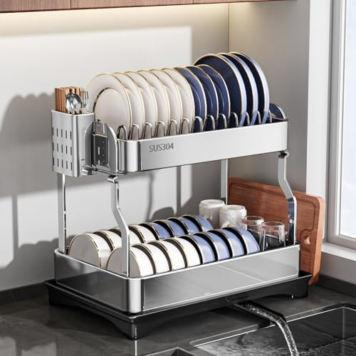 Mustorn Egoutoire Vaisselle Cuisine, 2 Niveaux égouttoir à Vaisselle INOX sur evier seche Vaisselle egoutoire Vaisselle Dish Drying Rack Plateau à Couverts et Support pour Planche à découper