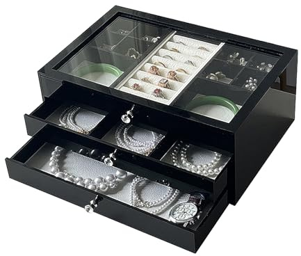 Smyckesaskar för Kvinnor, Smyckesförvaring i Dubbla Lager, Smyckeorganisatör, Transparent Lock, Akrylskiva, för Ringar, Armband, Glasögon(Black)