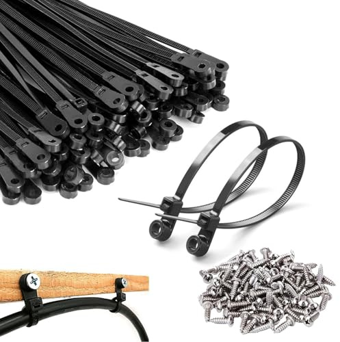 Serre-câbles noirs avec trou de vis avec 100 vis 4 x 18, colliers de serrage à visser avec tête fixable, pinces de câble murales avec serre-câbles, support de câble pour fixation de câbles (100, noir