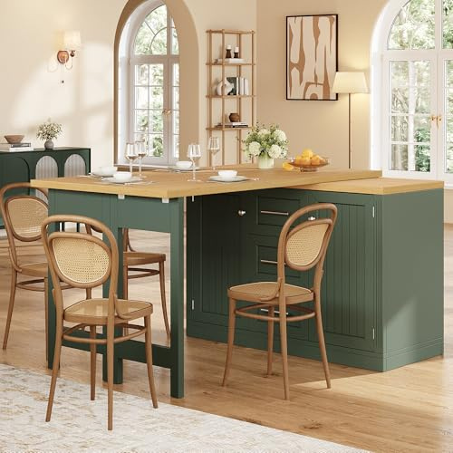 DACHETOU Isla de cocina multifuncional con mesa de comedor extensible, encimera convertible, placas ajustables 360°, estante para aperitivos, cierre magnético, cajón grande, diseño moderno, verde