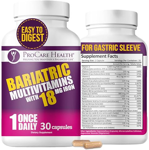 ProCare Health Bariatric Multivitamin with Iron 18mg (30 Easy to Swallow Capsules) - Post Op Bariatric Vitamins for Gastric Bypass Pills - Must Haves for Sleeve Patients (1 Month Supply)