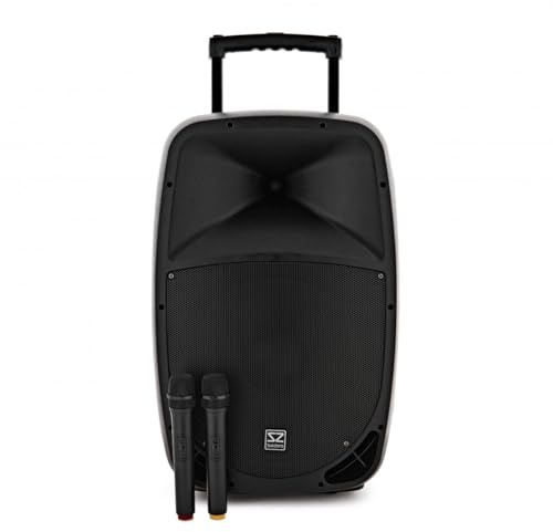 SubZero P15 Tragbarer PA-Lautsprecher mit Bluetooth und Funkmikrofonen | Bis zu 4 Stunden Akkulaufzeit, Trolley-Design mit Rollen, Mediaplayer mit USB, SD und Bluetooth