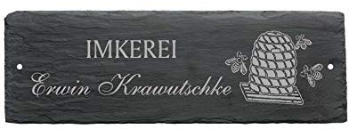 Schild Bienestock Bienenkorb « IHR WUNSCHNAME » aus Schiefer für Imker - ca.22 x 8 cm - Türschild mit Namen und Motiv