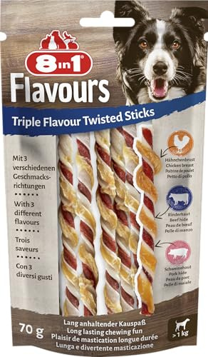 8-i-1 Triple Flavour Twisted Sticks – läckra tuggpinnar med kycklingfilé, gris- och nötkött hud, 10 stycken