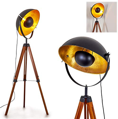 hofstein Lampadaire Jupiter, luminaire vintage en bois et métal noir et doré, Ø 55cm, pour une ampoule E27, l'abat-jour rétro s'oriente facilement, ampoule(s) non incluse(s)