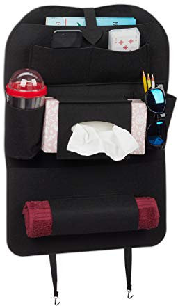 Relaxdays 10027675 Organiseur siège arrière, Grosse Poche en Feutre, pour Enfants, 7 Compartiments, Protection Dossier Auto Noir