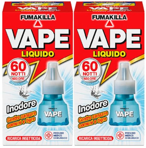 Vape Ricarica Liquida per Diffusore Elettrico Insetticida Inodore | Antizanzare per Zanzare Comuni e Tigre 480 Ore di Efficacia Presidio Medico Chirurgico - 2 Confezioni