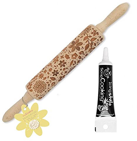 Rouleau à pâtisserie bois empreintes nature 39 cm + Stylo glaçage noir