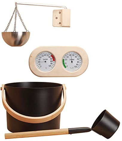 Saunakübel Set, Saunaeimer Aluminium Sauna Eimer, mit Sauna Kübel/Kelle/Sanduhr/Thermohygrometer, Stark und Langlebig