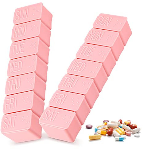 Tablettenbox für 7 Tage, 2St Tragbare Pillendose Medikamenten Tagesbox Tablettenbox 7 tage Klein Tabletten Box 7 tage Rosa mit Separaten Fächern für Medikamente,Tablettenbox 7 Tage mit Blindenschrift