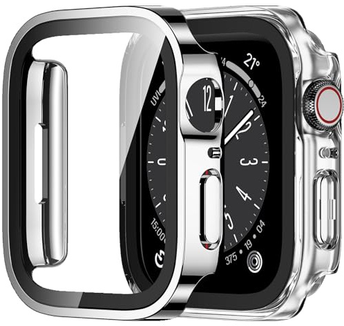 Amizee 2 Stück Hard Hülle Kompatibel mit Apple Watch Series 9/8/7 45mm Schutzhülle mit Tempered Glass Displayschutz, Ultradünn Kratzfeste Schutzhülle für iWatch 45mm (Silber/Transparente)