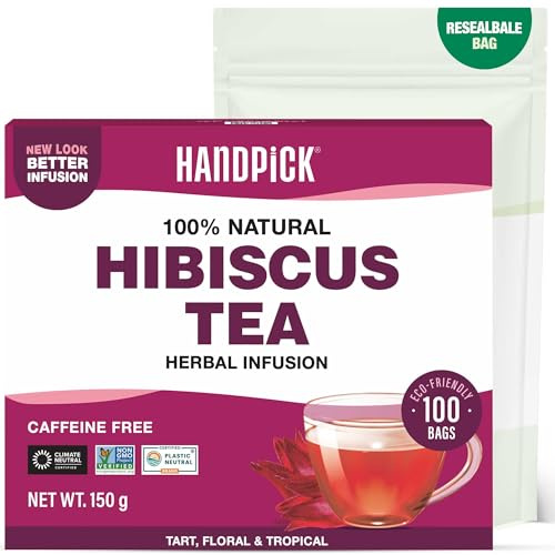 HANDPICK, Hibiscus Tea Bags - 100 Count | 100% Pure Ingredients- Hibiscus Flowers | Brew Hot, Iced Tea or Kombucha Tea | Round Herbal Tea Bags