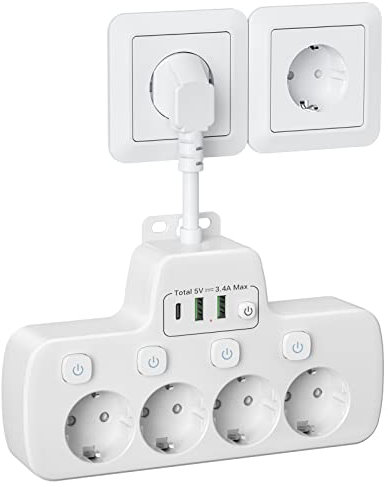 Ciabatta Multipresa con USB C,Presa Multipla Salvaspazio Ciabatta Elettrica con Interruttore 4 Presa Adattatore Schuko e 3 USB Carica Parete Multipresa da Scrivania Spina Tedesca Cavo Corto,Bianco