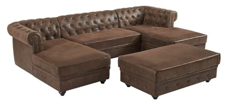 Vente-unique-Wohnlandschaft & Hocker - Mikrofaser - Vintage-Leder-Optik - Chesterfield