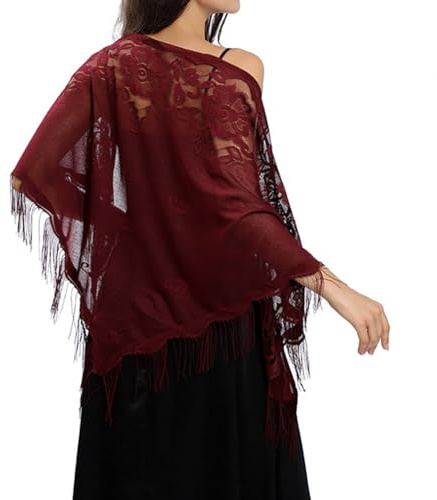 Asudaro Damen Festlich Elegante Tücher Schultertuch Stola Fransen Abendschal Brautschal Dreiecks Mesh Floral Spitze Abend Party Hochzeitsschal für Abendkleid Hochzeit Braut Sommer Jacke Dunkelrot
