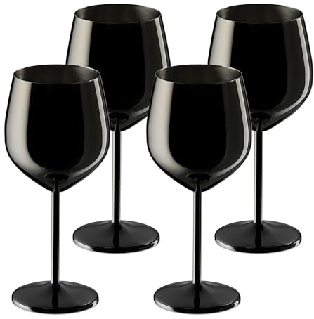 Relaxdays Vinglas i rostfritt stål, set om 4, okrossbara, lång kylningseffekt, 400 ml, rödvinsglas för resor, svart