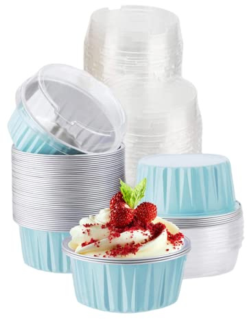 CURTEK 100 Pack Aluminum Foil Baking Cups with Lids 5 oz Dessert Cups Muffin Tins Disposable Mini Cake Pans Cupcake Cups Muffin Tins Liners for Wedding Birthday Individual Dessert Containers (Blue)