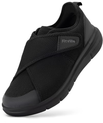 FitVille Men's Extra Wide Fit Diabetic Shoes with Double Straps, Easy-Close Orthopedic Slippers for Swollen Feet Plantar Fasciitis, Lightweight Walking Trainers Wide 8 UK Black